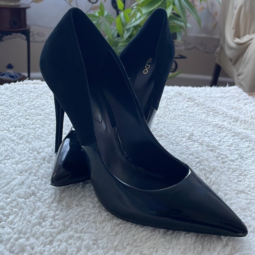 Aldo black suede and shiny, comfy insole heels size 9